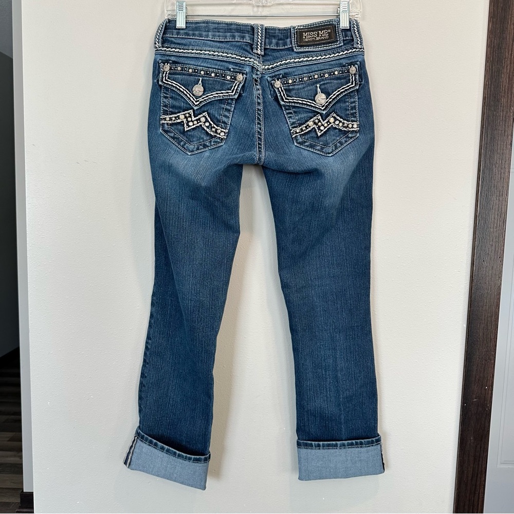Miss Me Denim Jeans Easy Capri Rolled Adjustable Straight Leg Rhinestones Bling